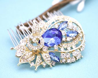 Sapphire Crystal Bridal Hair Comb Silver Wedding Hair Accessory Gold veil comb Wedding hair clip Rose gold hair comb Navy blue Wedding comb