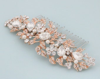 Crystal and Pearl Bridal Comb Rose gold Wedding hair comb Gold veil comb Wedding hair jewelry Bridal hair accessories for bun Wedding comb
