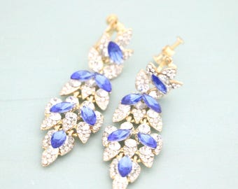 Clip on Wedding earrings Sapphire Crystal earrings Clip on Bridal earrings Gold Rhinestone earrings Bridesmiad earrings Rose gold Earrings
