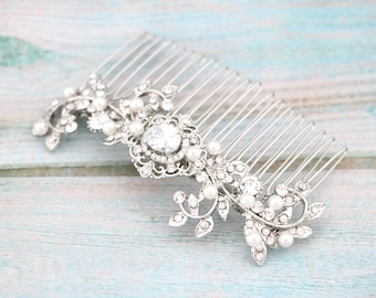 Art Deco Bridal Hair Comb: Rhinestone & Pearl Wedding Hairpiece Gold veil comb Wedding hair clip Bridal hair accessories Wedding comb Side