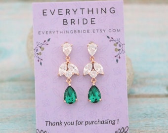 Emerald Drop Earrings Bridal Drop Earrings Emerald Dangle Earrings Green Crystal Earrings Bridesmaids Earrings Rose gold Bridal earrings