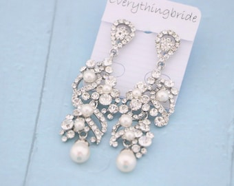 wedding earrings pearl drop Crystal earrings Gold wedding chandelier earrings Rose gold bridal earrings long Rhinestone earrings Pearl drop