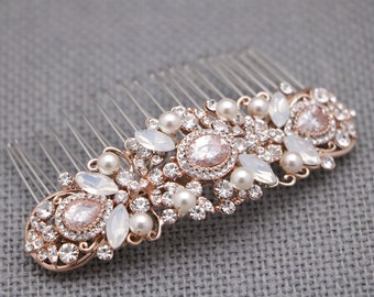 rose gold veil comb White opal Wedding hair comb Bridal hair piece Wedding hair accessories for bun Gold veil comb Navy blue hair comb Side