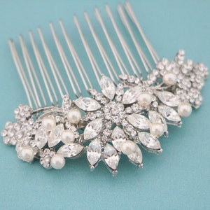 Pearl drop Wedding earrings with hair comb set Silver Wedding hair comb Side bridal headpiece Bridal earrings Crystal Bridal hair comb Side image 8