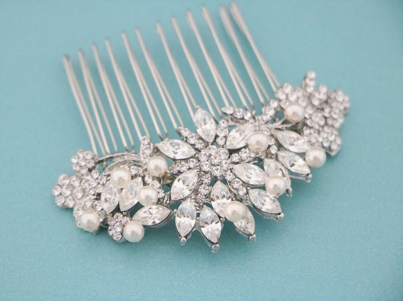 Pearl drop Wedding earrings with hair comb set Silver Wedding hair comb Side bridal headpiece Bridal earrings Crystal Bridal hair comb Side image 8