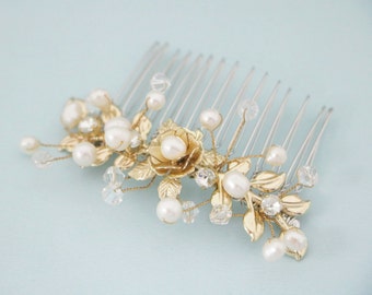 Bridal Hair Piece for Bun White and Gold Hair Comb Wedding Head Clip for Bride Flower and Leaf Hair Comb Rose Gold Bridal Headpieces Wedding