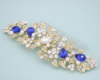 Gold Wedding hair comb Navy blue Wedding comb Side bridal hair accessories floral Wedding hair jewelry Rhinestone hair comb Blue hair piece