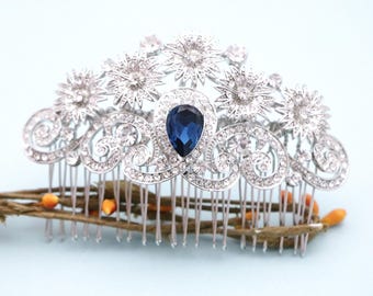 Silver Wedding comb Navy blue Wedding hair comb Bridal hair piece Wedding hair accessories for bun Bridal headpiece Emerald Crystal comb