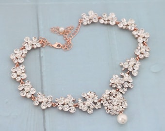 Collier de perles en or rose, bijoux de mariage, collier boucles d'oreilles, collier en cristal doré, collier de mariée, collier de bijoux en strass, mariage