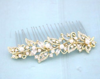 Rhinestone Bridal Hair Comb, Pearl Flower Wedding Headpiece Gold Bridal hair clip Crystal Wedding hair comb Bridal hair accessories earrings
