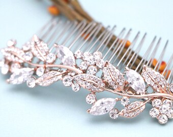 rose gold bridal crown rhinestone headband wedding hair accessories for bun Gold Wedding hair comb updo Crystal headpiece Wedding comb Boho