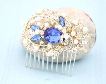 Sapphire Crystal Bridal Hair Comb: Rhinestone Wedding Hair Piece Pearl Wedding headpiece Bridal hair clip Wedding hair comb Blue hair comb
