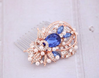 Wedding Rose Gold Hair Comb Pearl side comb Wedding hair jewelry Bridal hair comb Wedding hair accessories Bridal comb Headpiece Navy blue