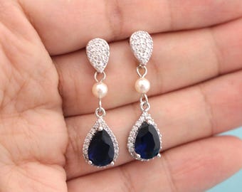 Bridal Chandelier Earrings: Navy blue Crystal Wedding Jewelry Silver Wedding earrings Pearl earrings Rhinestone earrings CZ Bridal earrings