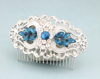 Indicolite Bridal Hair Comb,Silver Leaf Rhinestone Wedding Hairpiece Wedding hair accessories Bridal hair clip Navy blue hair comb Blue clip