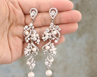 Gold Bridal earrings drop pearl chandelier earrings rose gold earrings wedding earrings dangle bridal earrings drop pearl earrings Crystal