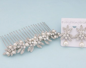 Bridal hair piece with Pearl Drop Bridal earrings Silver Wedding hair accessories for bun Wedding hair comb Gold Wedding earrings Side comb