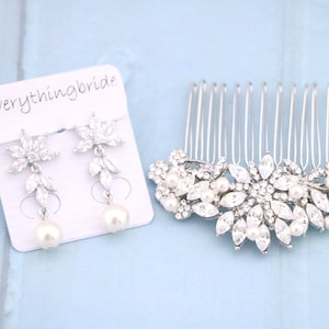 Pinza para el cabello de novia plateada Pendientes de boda con perlas Accesorios para el cabello de novia Tocado de novia Peineta de novia Pendientes de dama de honor Peineta de boda