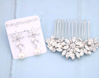 Crystal Bridal Jewelry Set Silver Wedding Hair Comb Earrings Pearl drop Wedding earrings Bridal hair clip Wedding headpiece Bridal hair comb