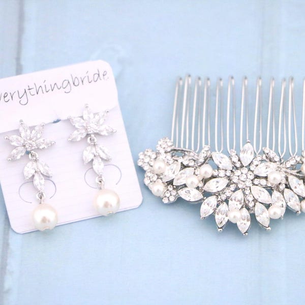 Pinza para el cabello de novia plateada Pendientes de boda con perlas Accesorios para el cabello de novia Tocado de novia Peineta de novia Pendientes de dama de honor Peineta de boda