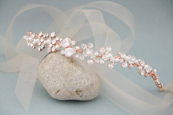 Rose Gold Crystal Headband Wedding Bridal Hair Vine Pearls Rhinestones Rose Gold Pearl & Crystal Bridal Headband for Weddings  main image 3