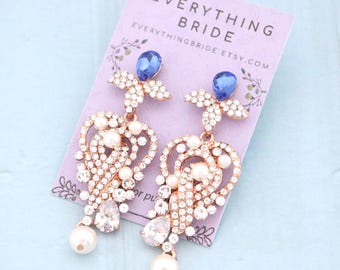 Navy Blue Bridesmaids Earrings Gift For Her Art Deco blue sapphire bridal earrings Long crystal wedding earrings Pearl drop Wedding earrings