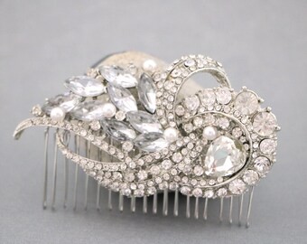 crystal bridal hair comb Silver bridal comb hairpiece floral Pearl Wedding hair accessories for bun Side bridal headpiece Wedding hair comb