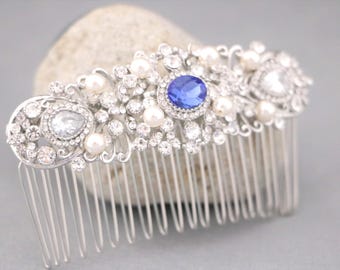 Silver Wedding hair comb Sapphire Crystal hair comb Wedding hair accessories for bun Navy blue Bridal hair comb Side bridal headpiece Bridal