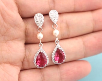 Blue Crystal Bridal Earrings Bridesmaids Earrings Blue Navy Crystal Earrings Red Bridal earrings Green Wedding earrings Pearl earring Silver