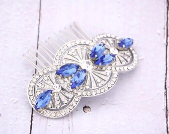 Side bridal headpiece Blue hair accessories for bun Sapphire Crystal hair comb Wedding hair comb Boho hair piece Wedding hair jewelry Bridal
