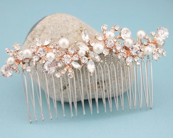 Rose Gold Crystal Comb Wedding Hair Comb Side Wedding Comb Crystal Bridal Comb Rose Gold Pearl Hair Comb Rhinestone hair piece Bridal comb