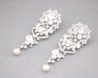 Long Wedding earrings Pearl drop Bridal earrings Wedding jewelry earrings Rhinestone earrings Large Bridal Crystal earrings Silver earrings