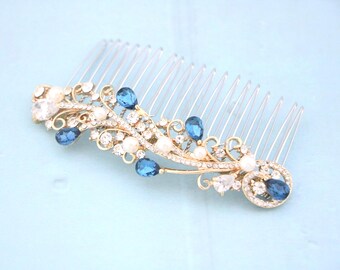 Navy Blue Crystal Bridal Hair Comb, Rhinestone Wedding Headpiece Pearl Wedding hair clip Bridal hair accessories Wedding comb Blue hair clip