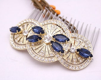 bridal hair comb rhinestone side comb Gold veil comb Wedding hair jewelry Crystal comb Navy blue Wedding hair comb Blue hair jewelry Wedding
