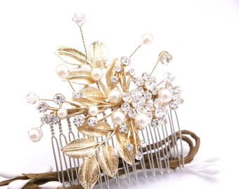 Gold Pearl Wedding hair comb:Rhinestone Bridal hair accessories Rose gold Wedding hair clip Small or Large Bridal hair comb Pearl hair comb