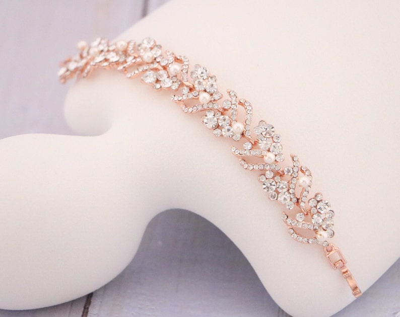 Pearl and Crystal bracelet Rose gold Wedding jewelry Rhinestone Bracelet Bridal jewelry bracelet Prom jewelry Bridesmaid bracelet Bling Gold image 4