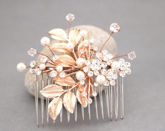 Rhinestone Leaf Wedding Hair Comb: Rose Gold Bridal Hair Piece Wedding hair clip Crystal hair comb Boho hair piece Wedding headpiece Bridal