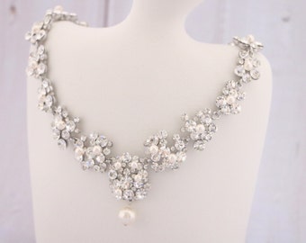 Collier de mariée en argent Goutte de perles Collier de bijoux et boucles d'oreilles Collier en or et strass Collier en cristal et or rose Collier de bijoux de mariage