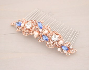 bridal comb hairpiece floral bridal rhinestone crystal comb Rose Gold Wedding hair comb Pearl side comb Navy blue Bridal hair comb Gold comb