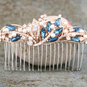 bridal rhinestone crystal comb bridal comb hairpiece floral Rose gold Wedding hair comb Navy blue Wedding comb Gold Bridal hair comb updo