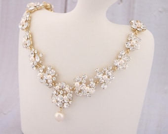 Collier de mariage en or, collier de perles, collier de bijoux en cristal, collier de perles, ensemble de bijoux de mariée en or, boucle d'oreille et collier