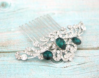 Sapphire Rhinestone Wedding Hair Comb, Silver Bridal Accessory Green Wedding hair clip Bridal hair comb Navy blue Wedding comb Blue haircomb