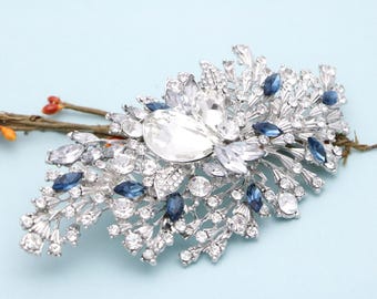 Crystal Bridal Hair Comb: Emerald Sapphire Blue Wedding Headpiece Silver Wedding hair clip Blue hair comb Wedding hair comb Large hair comb