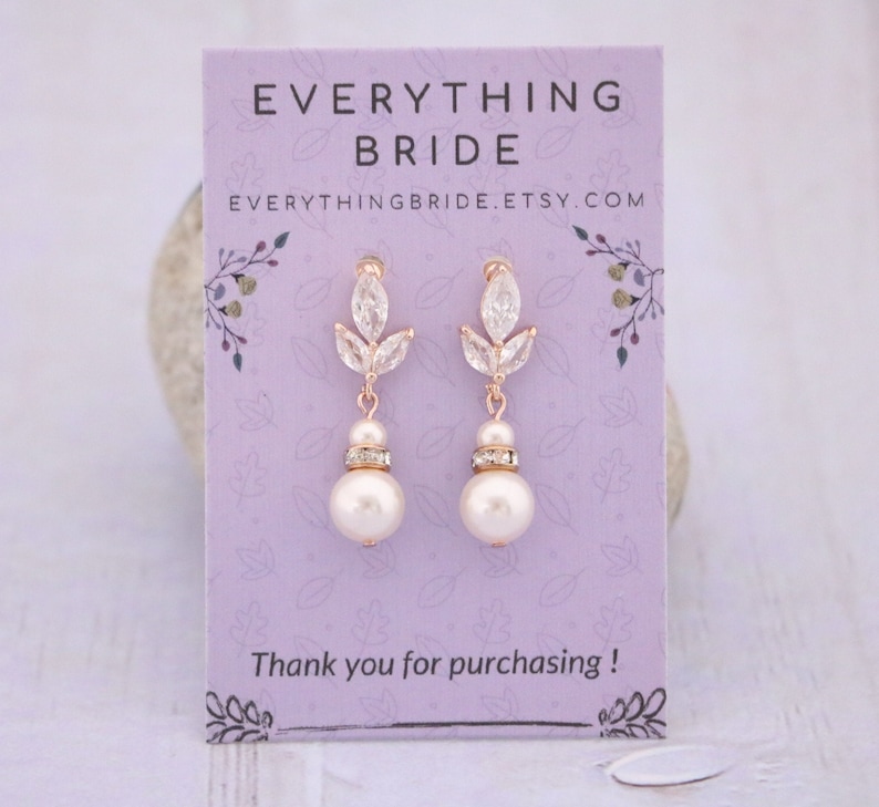Wedding earrings for bridesmaids Pearl drop Bridal earrings Cubic Zirconia Gold Drop earrings rose gold earrings wedding jewelry earrings Rose gold tone