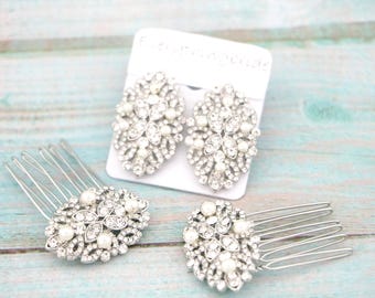 Pearl Wedding earrings Pearl hair comb Silver Wedding hair comb Bridal hair accessories for bun Bridal hair clip Crystal earrings Bridesmaid