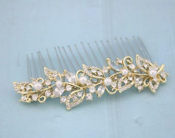 Wedding Gold Hair Vine Comb Pearl drop Wedding earrings Bridal hair jewelry Wedding hair accessories for bun Bridal earring Crystal haircomb
