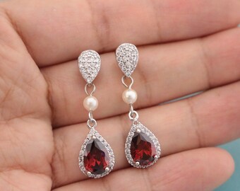 wedding earrings for mother of bride Navy blue bridal earrings dangle Dark Blue Earrings Red Crystal earrings CZ Bridesmaid earrings Jewelry