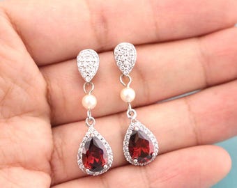 wedding earrings pearl silver Royal blue dangle earrings Red Crystal Bridal earrings CZ Wedding jewelry earrings Bridal Blue navy Earrings