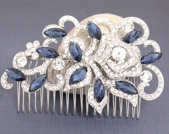 Navy blue Rhinestone Bridal Hair Comb: Rose Gold Wedding Accessory Silver Bridal hair clip Crystal Wedding hair comb Rhinestone Bridal comb