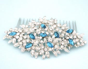 Silver Wedding comb Navy blue Crystyal hair comb Side Bridal headpiece Wedding hair jewelry Bridal hair accessories for bun Sapphire comb